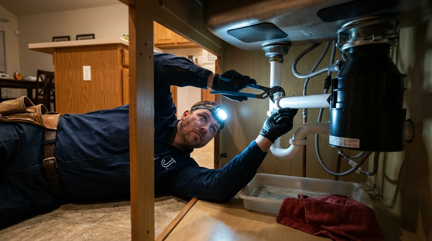 P-trap and supply line connections under a kitchen sink showing a common leak point in Bardstown, KY